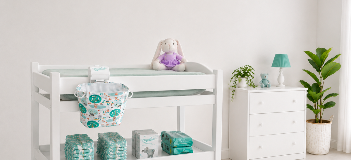 A white wooden changing table in a bright nursery, styled with a matching fabric changing bag, folded nappies, a plush bunny toy, and a white three-drawer dresser with a small lamp and plant.