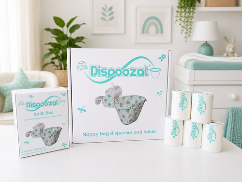 Dispoozal box, refill box and rolls of bags on a desk